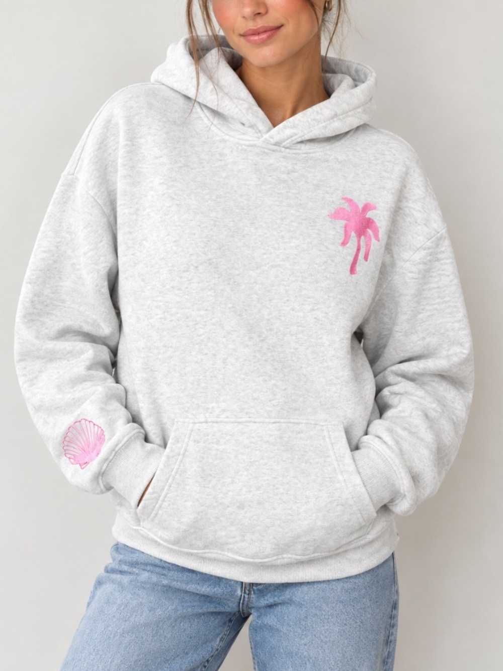 Pink Palm Puff Hawaii Hibiscus Hoodie Heather Cloud Gray Pink Size XS